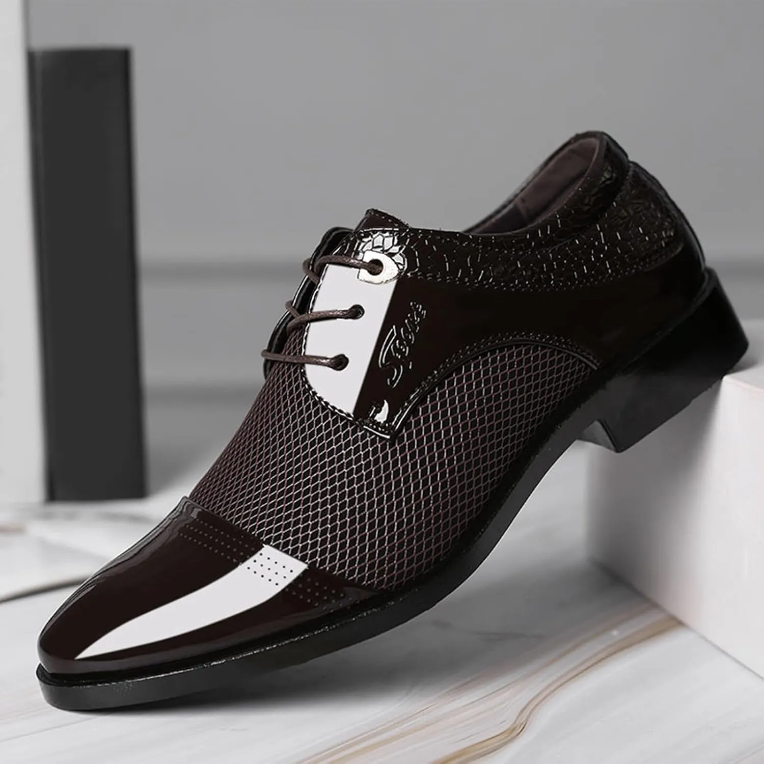 Mens Business Casual Shoes Wide Width Men Breathable Business Formal Casual Pointed Toe Shiny Lace Up Patchwork Leather Shoes Men's Dress Shoes Brown Casual