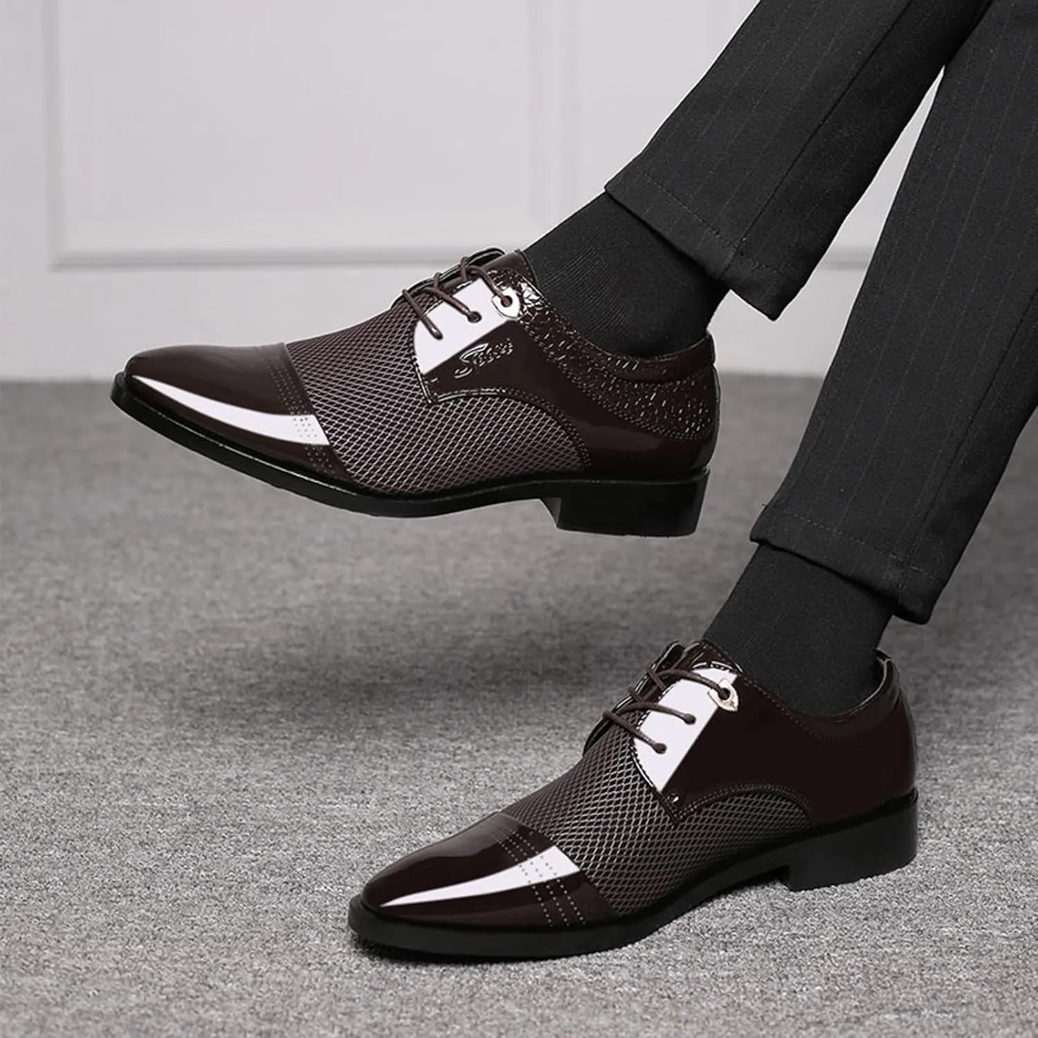 Mens Business Casual Shoes Wide Width Men Breathable Business Formal Casual Pointed Toe Shiny Lace Up Patchwork Leather Shoes Men's Dress Shoes Brown Casual