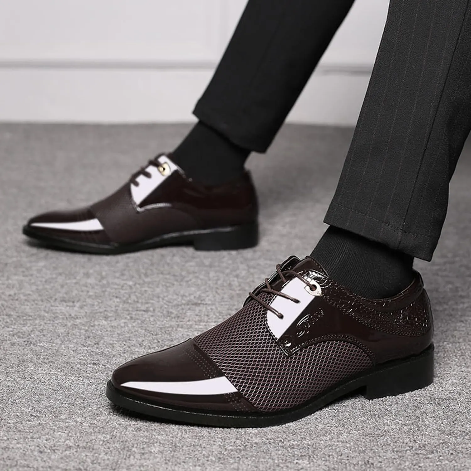 Mens Business Casual Shoes Wide Width Men Breathable Business Formal Casual Pointed Toe Shiny Lace Up Patchwork Leather Shoes Men's Dress Shoes Brown Casual