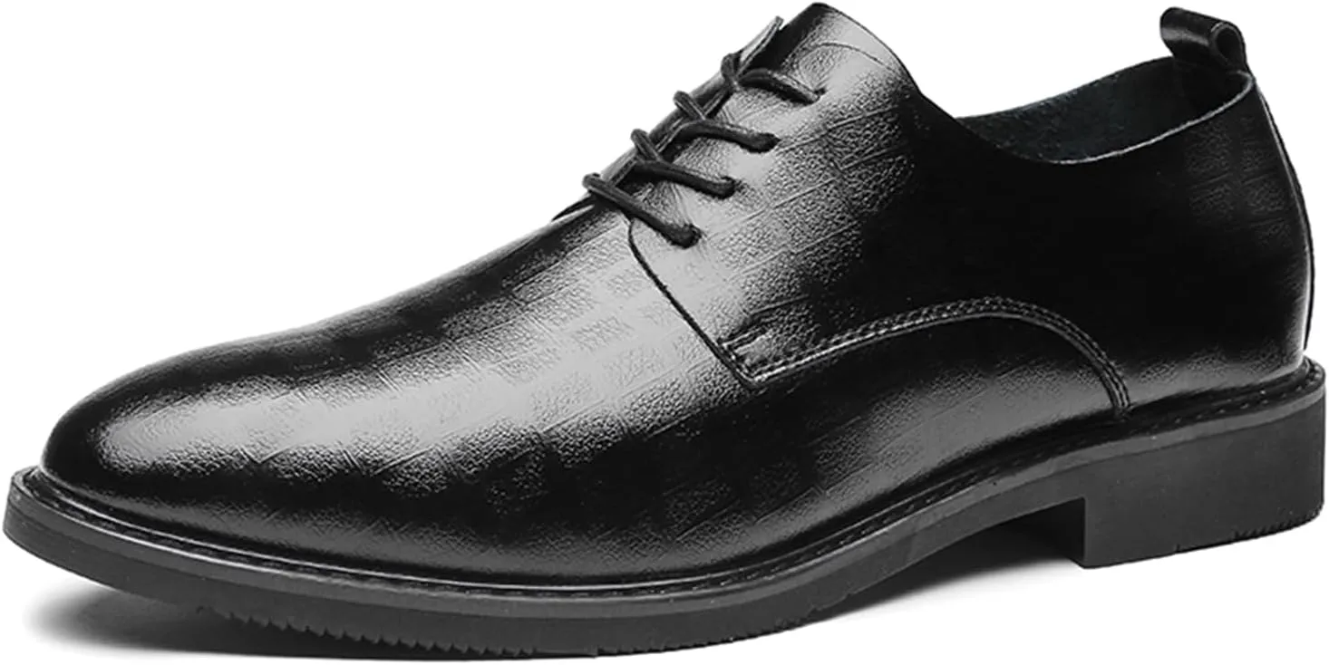 Men's Classic Leather Lace Up Low Heel Oxfords Retro Round-Toe Grid Print Slip on Low-top Chunky Low Heel Dress Shoes Loafers Casual Comfortable Derby Walking Shoes