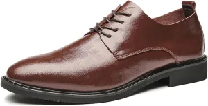 Men's Classic Leather Lace Up Low Heel Oxfords Retro Round-Toe Grid Print Slip on Low-top Chunky Low Heel Dress Shoes Loafers Casual Comfortable Derby Walking Shoes
