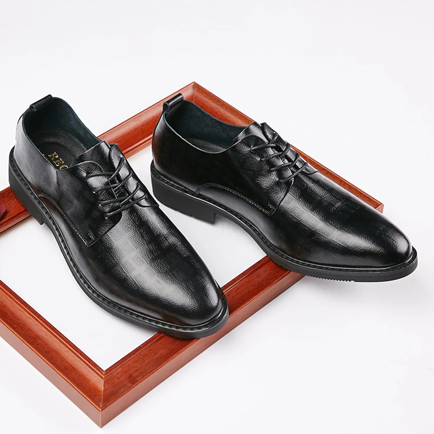 Men's Classic Leather Lace Up Low Heel Oxfords Retro Round-Toe Grid Print Slip on Low-top Chunky Low Heel Dress Shoes Loafers Casual Comfortable Derby Walking Shoes