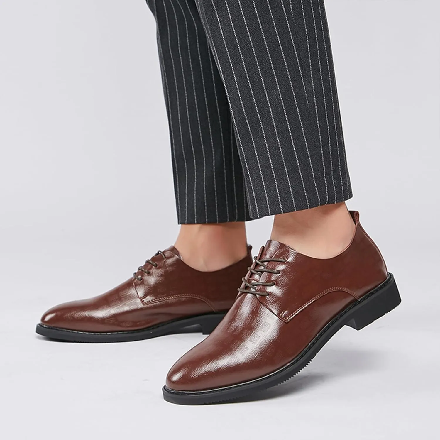 Men's Classic Leather Lace Up Low Heel Oxfords Retro Round-Toe Grid Print Slip on Low-top Chunky Low Heel Dress Shoes Loafers Casual Comfortable Derby Walking Shoes