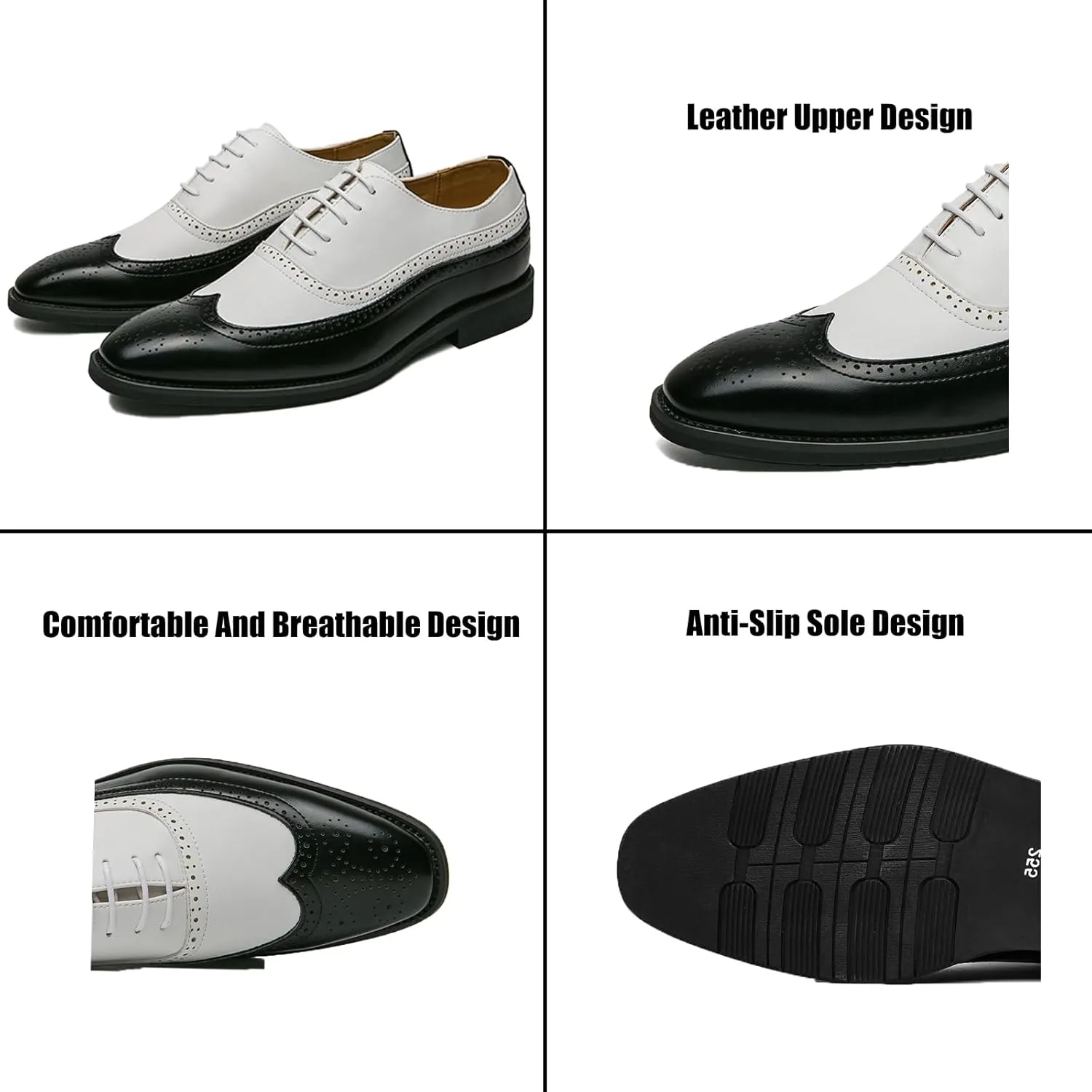 Men's Color Matching Brogue Lace-Up Formal Leather Shoes Classic Business Rubber Sole Hand Stitched Low Top Wingtip Derby Shoes Casual Comfortable Non Slip Oxford Dress Shoes