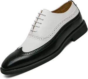 Men's Color Matching Brogue Lace-Up Formal Leather Shoes Classic Business Rubber Sole Hand Stitched Low Top Wingtip Derby Shoes Casual Comfortable Non Slip Oxford Dress Shoes