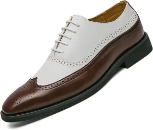 Men's Color Matching Brogue Lace-Up Formal Leather Shoes Classic Business Rubber Sole Hand Stitched Low Top Wingtip Derby Shoes Casual Comfortable Non Slip Oxford Dress Shoes