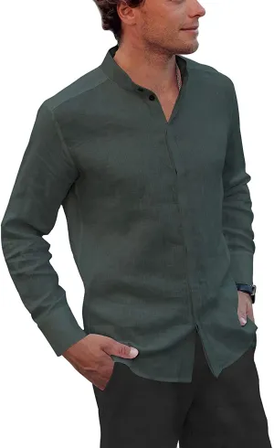 Men's Dark Green Linen Button Down Shirt