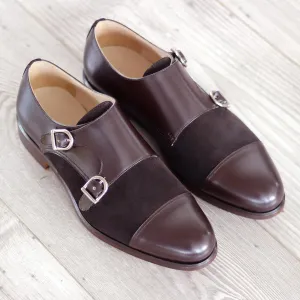 Men's Double Monk Leather Shoes Wide Plus Size Dark Brown 1925