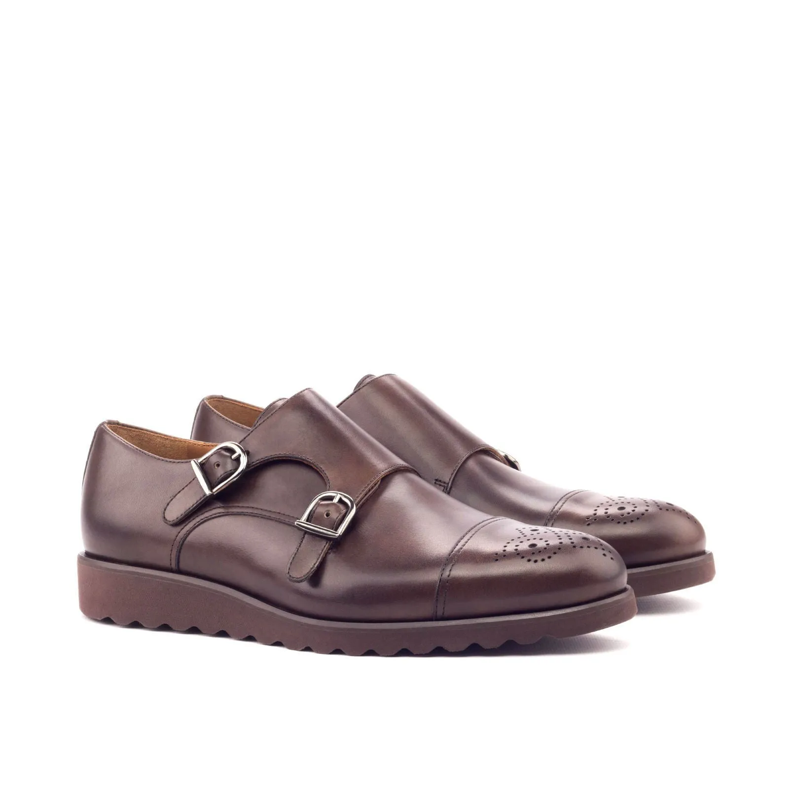 Men's Double Monk Leather Shoes Wide Plus Size Dark Brown 3134