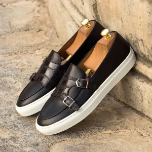 Men's Double Monk Leather Sneakers Wide Plus Size Black 3726