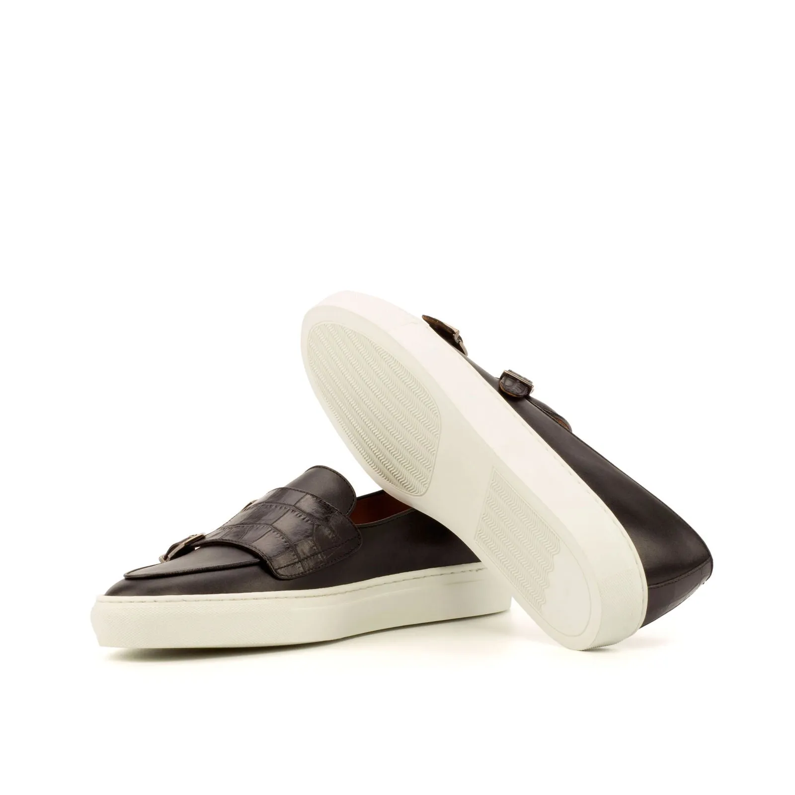 Men's Double Monk Leather Sneakers Wide Plus Size Black 3726