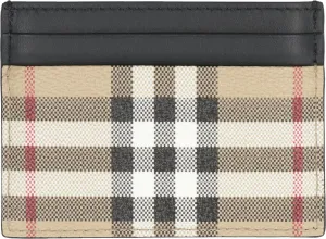 Men's Leather And Checked Fabric Card Holder in Beige | 8069822143231 Color A7026