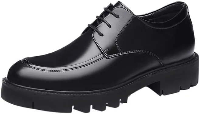 Mens Leather Dress Casual Shoes Retro Classic Lace Up Comfortable Non-Slip Block Heel Oxford Sneakers
