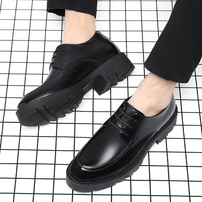 Mens Leather Dress Casual Shoes Retro Classic Lace Up Comfortable Non-Slip Block Heel Oxford Sneakers