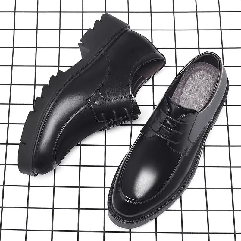 Mens Leather Dress Casual Shoes Retro Classic Lace Up Comfortable Non-Slip Block Heel Oxford Sneakers