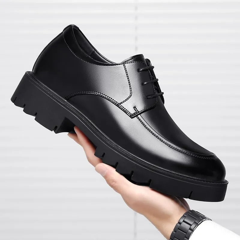 Mens Leather Dress Casual Shoes Retro Classic Lace Up Comfortable Non-Slip Block Heel Oxford Sneakers