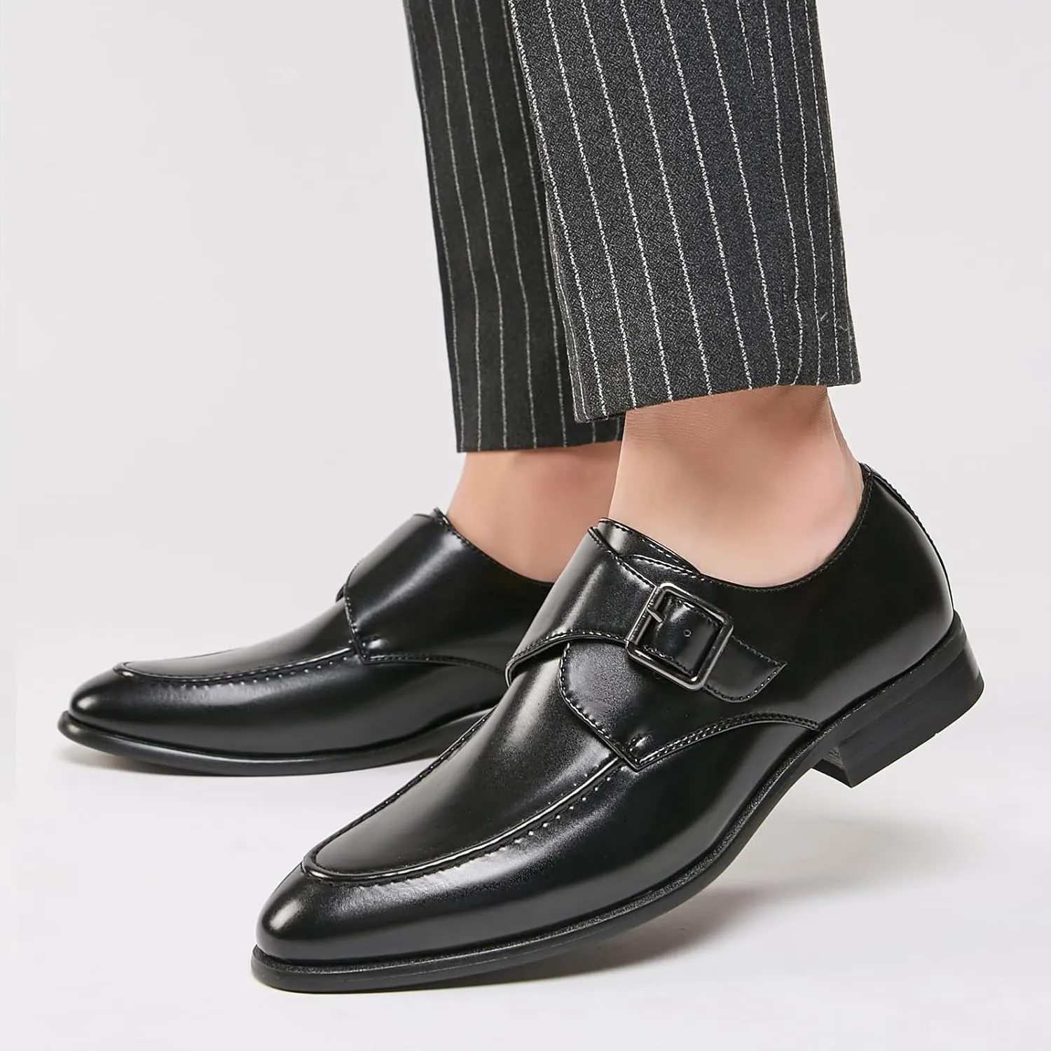 Men's Leather Monk Buckle Low top Loafers Retro Round Toe Low Heeled Slip on Breathe Formal Business Tuxedo Dress Shoes Business Dress Oxfords Classic Plain Toe Formal Leather Shoes