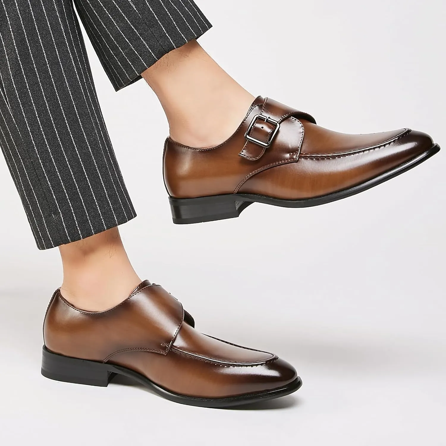 Men's Leather Monk Buckle Low top Loafers Retro Round Toe Low Heeled Slip on Breathe Formal Business Tuxedo Dress Shoes Business Dress Oxfords Classic Plain Toe Formal Leather Shoes