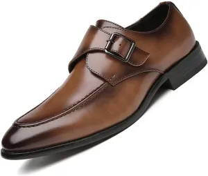 Men's Leather Monk Buckle Low top Loafers Retro Round Toe Low Heeled Slip on Breathe Formal Business Tuxedo Dress Shoes Business Dress Oxfords Classic Plain Toe Formal Leather Shoes