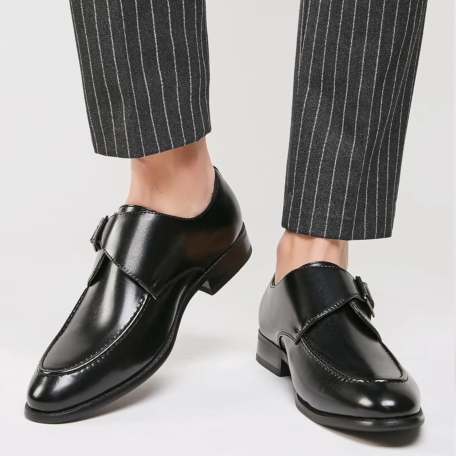 Men's Leather Monk Buckle Low top Loafers Retro Round Toe Low Heeled Slip on Breathe Formal Business Tuxedo Dress Shoes Business Dress Oxfords Classic Plain Toe Formal Leather Shoes