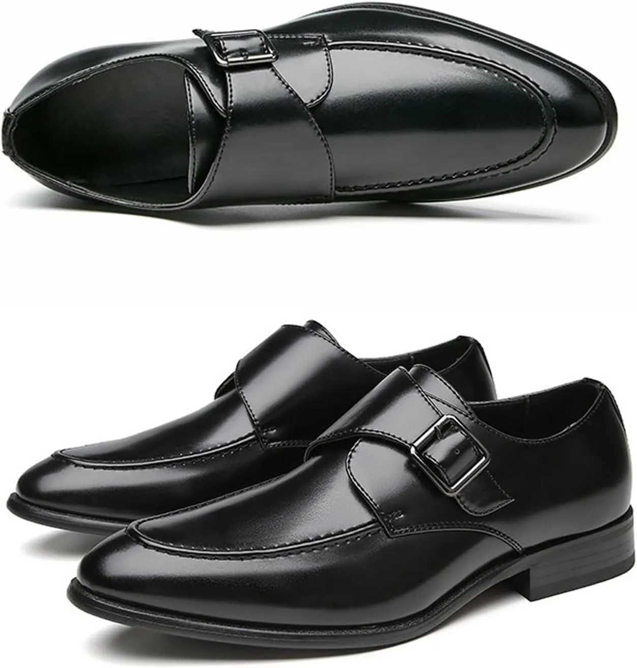 Men's Leather Monk Buckle Low top Loafers Retro Round Toe Low Heeled Slip on Breathe Formal Business Tuxedo Dress Shoes Business Dress Oxfords Classic Plain Toe Formal Leather Shoes