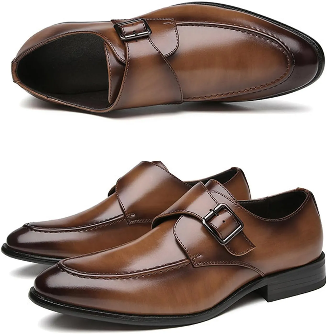 Men's Leather Monk Buckle Low top Loafers Retro Round Toe Low Heeled Slip on Breathe Formal Business Tuxedo Dress Shoes Business Dress Oxfords Classic Plain Toe Formal Leather Shoes