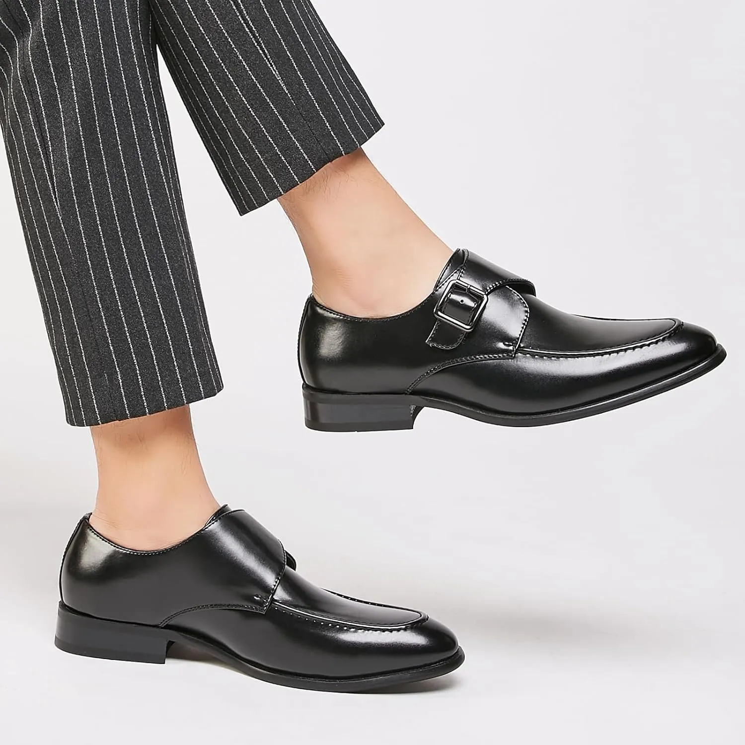 Men's Leather Monk Buckle Low top Loafers Retro Round Toe Low Heeled Slip on Breathe Formal Business Tuxedo Dress Shoes Business Dress Oxfords Classic Plain Toe Formal Leather Shoes