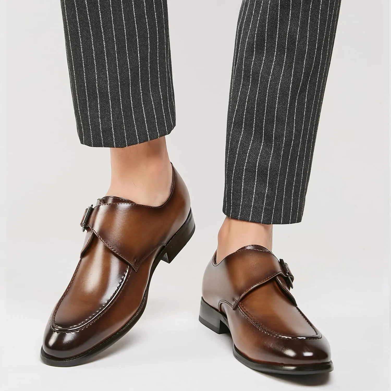 Men's Leather Monk Buckle Low top Loafers Retro Round Toe Low Heeled Slip on Breathe Formal Business Tuxedo Dress Shoes Business Dress Oxfords Classic Plain Toe Formal Leather Shoes
