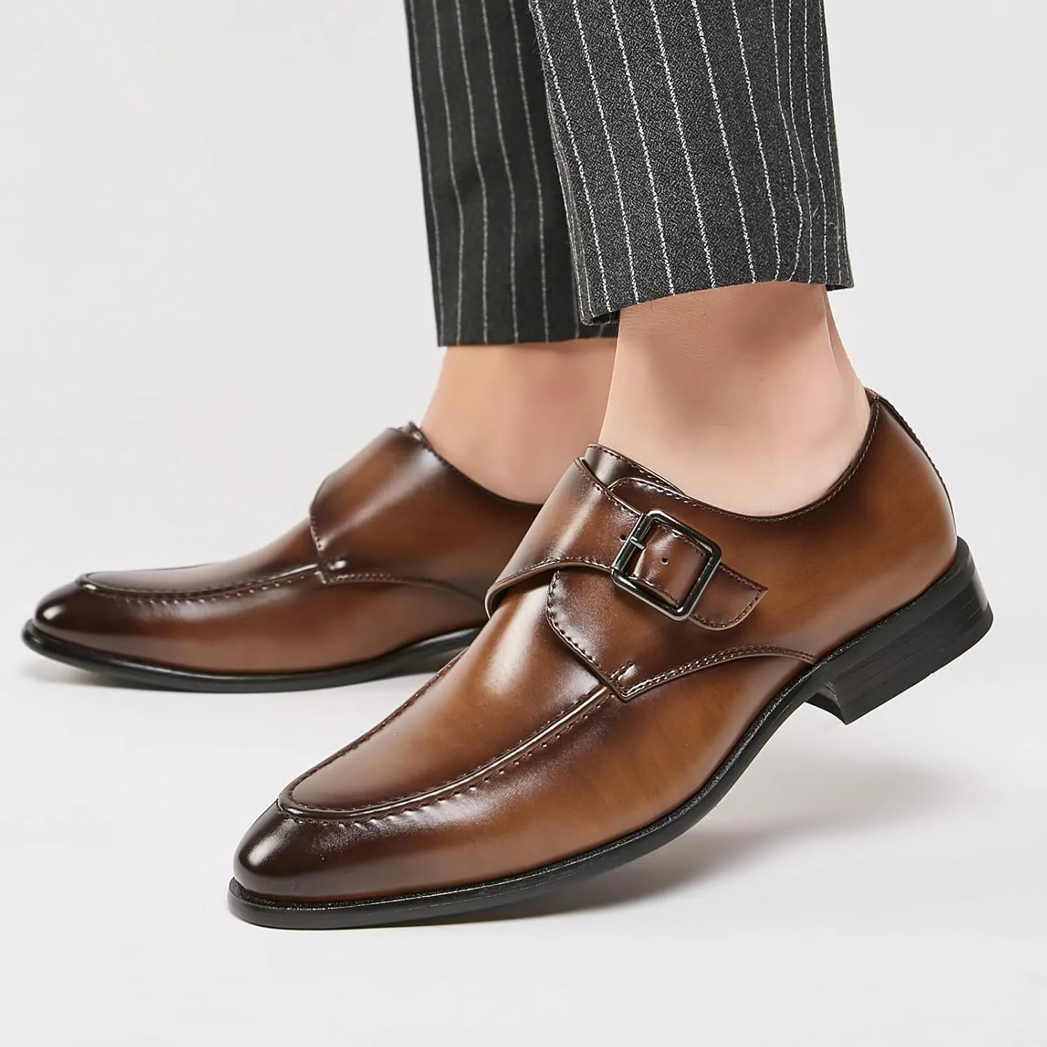 Men's Leather Monk Buckle Low top Loafers Retro Round Toe Low Heeled Slip on Breathe Formal Business Tuxedo Dress Shoes Business Dress Oxfords Classic Plain Toe Formal Leather Shoes