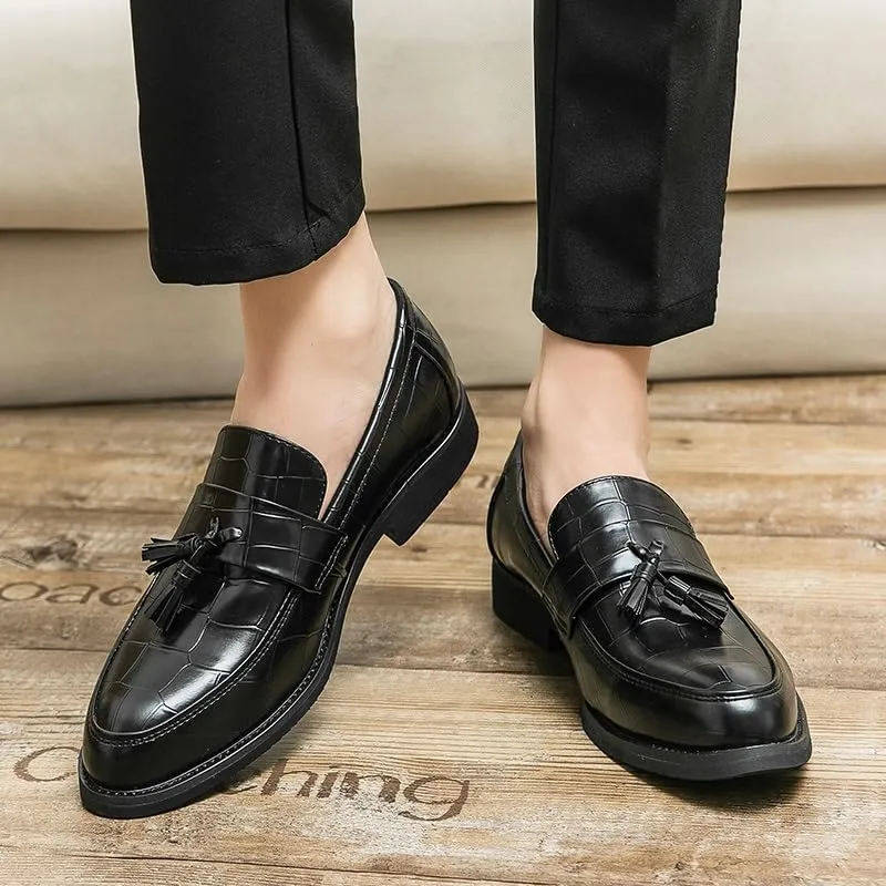 Men's Loafers Pointed Toe Block Pattern with Tassel Loafer Shoes Flat Heel Flexible Slip Resistant Fashion Classic Slip-on