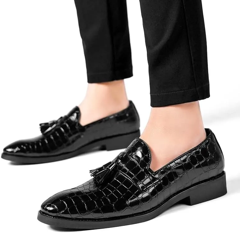 Mens Loafers Pointed Toe PU Leather Block Pattern with Tassel Loafer Shoes Anti-Slip Comfortable Slip Resistant Wedding Slip-on