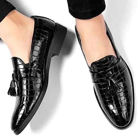 Mens Loafers Pointed Toe PU Leather Block Pattern with Tassel Loafer Shoes Anti-Slip Comfortable Slip Resistant Wedding Slip-on