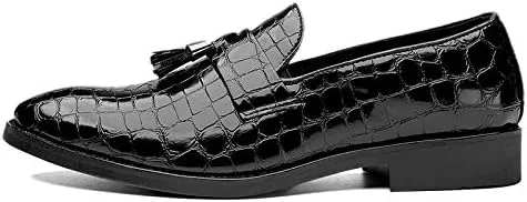 Mens Loafers Pointed Toe PU Leather Block Pattern with Tassel Loafer Shoes Anti-Slip Comfortable Slip Resistant Wedding Slip-on
