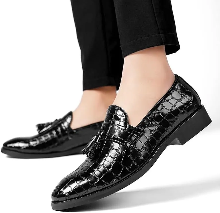 Mens Loafers Pointed Toe PU Leather Block Pattern with Tassel Loafer Shoes Anti-Slip Comfortable Slip Resistant Wedding Slip-on