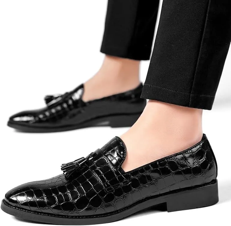Mens Loafers Pointed Toe PU Leather Block Pattern with Tassel Loafer Shoes Anti-Slip Comfortable Slip Resistant Wedding Slip-on