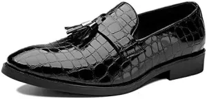 Mens Loafers Pointed Toe PU Leather Block Pattern with Tassel Loafer Shoes Anti-Slip Comfortable Slip Resistant Wedding Slip-on