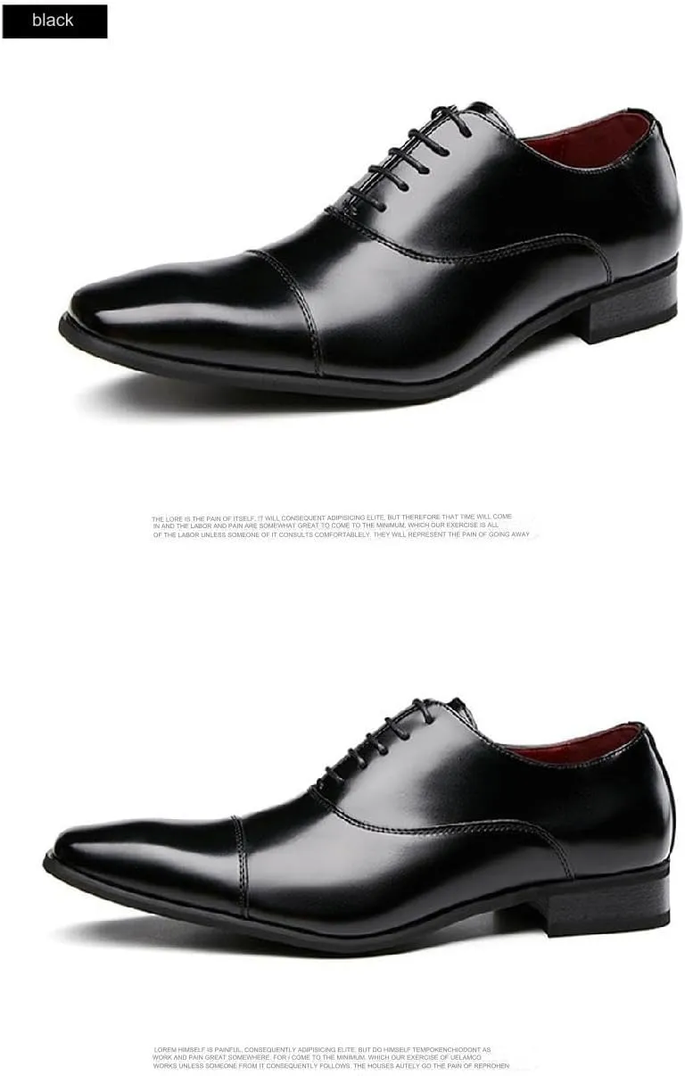 Mens Luxury Fashion Handcrafted Low Heel Oxford Shoes Classic Lace-Up Pointed Toe Casual Modern Business Formal Dress Leather Shoes Cap Toe Derby Shoes
