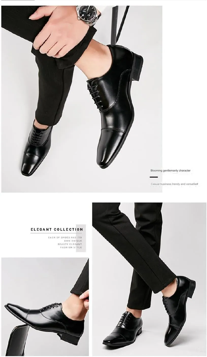 Mens Luxury Fashion Handcrafted Low Heel Oxford Shoes Classic Lace-Up Pointed Toe Casual Modern Business Formal Dress Leather Shoes Cap Toe Derby Shoes