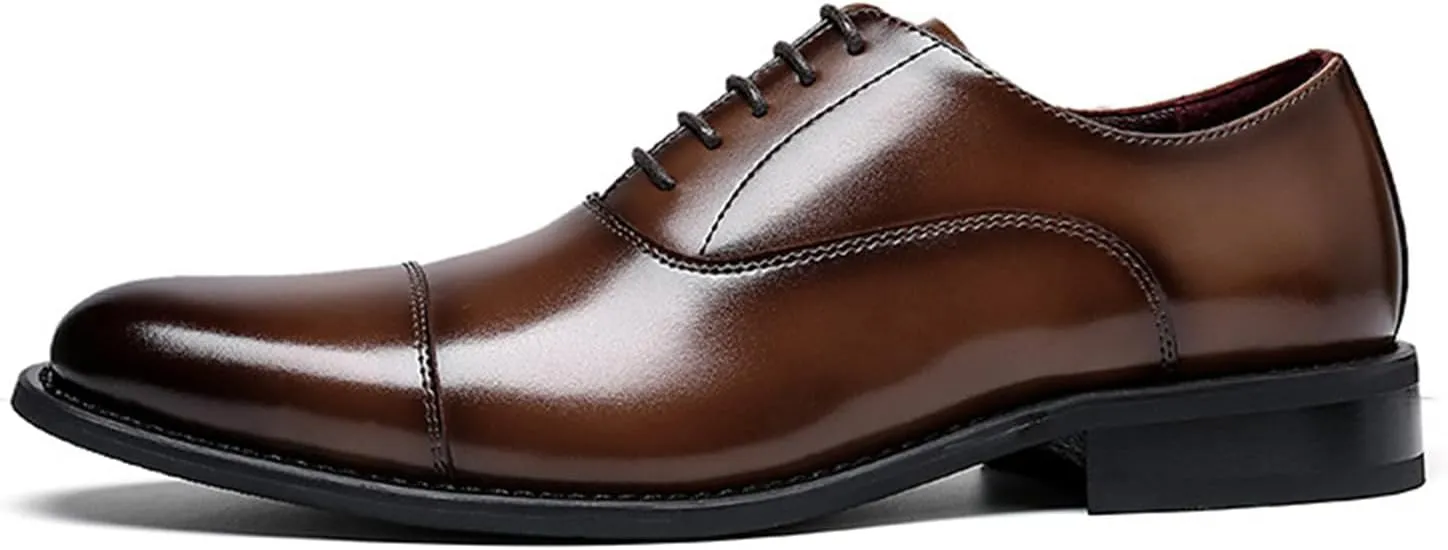 Mens Luxury Fashion Handcrafted Low Heel Oxford Shoes Classic Lace-Up Pointed Toe Casual Modern Business Formal Dress Leather Shoes Cap Toe Derby Shoes