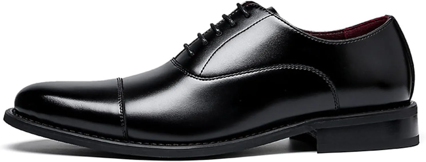 Mens Luxury Fashion Handcrafted Low Heel Oxford Shoes Classic Lace-Up Pointed Toe Casual Modern Business Formal Dress Leather Shoes Cap Toe Derby Shoes