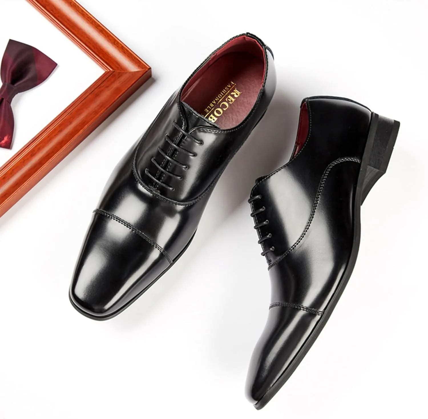 Mens Luxury Fashion Handcrafted Low Heel Oxford Shoes Classic Lace-Up Pointed Toe Casual Modern Business Formal Dress Leather Shoes Cap Toe Derby Shoes