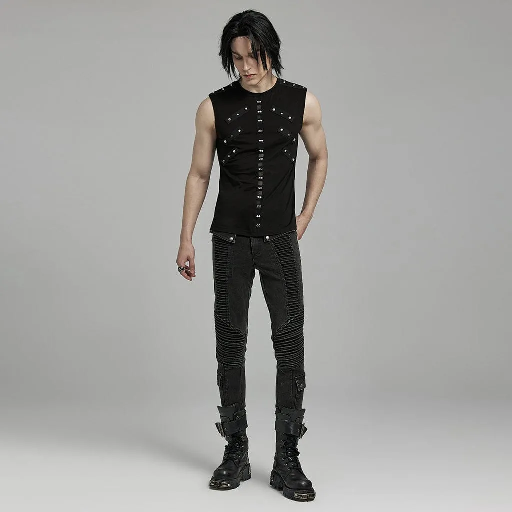 Men's Punk Mesh Splice Nailed Straps Tank Top