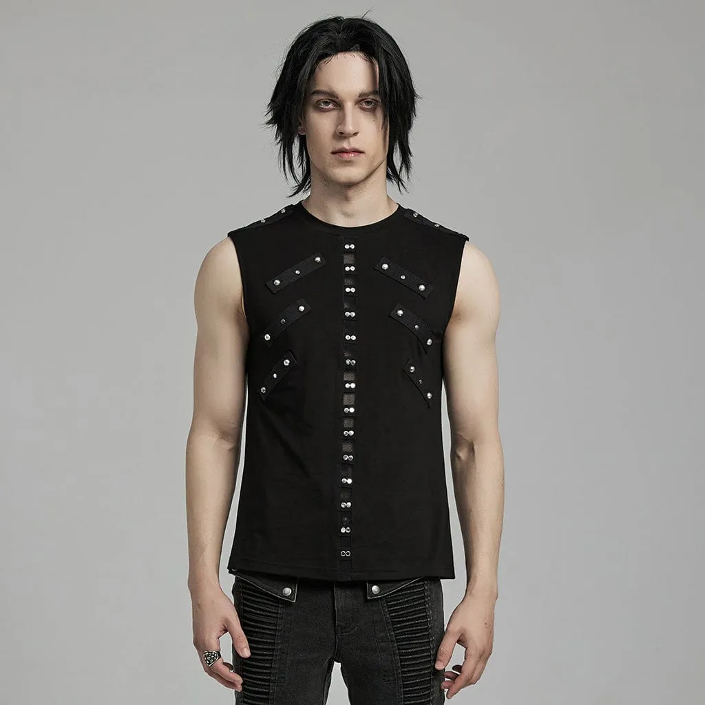 Men's Punk Mesh Splice Nailed Straps Tank Top