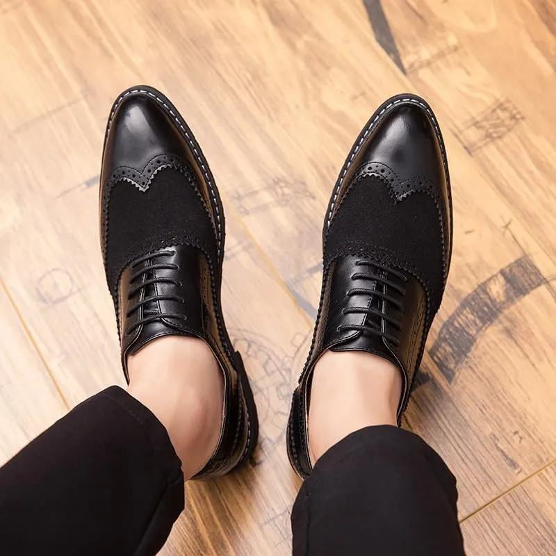 Mens Retro Business Casual Shoes, Low Work Leather Shoes, Patchwork Brogue Embossed Oxford Comfortable Classic for Office