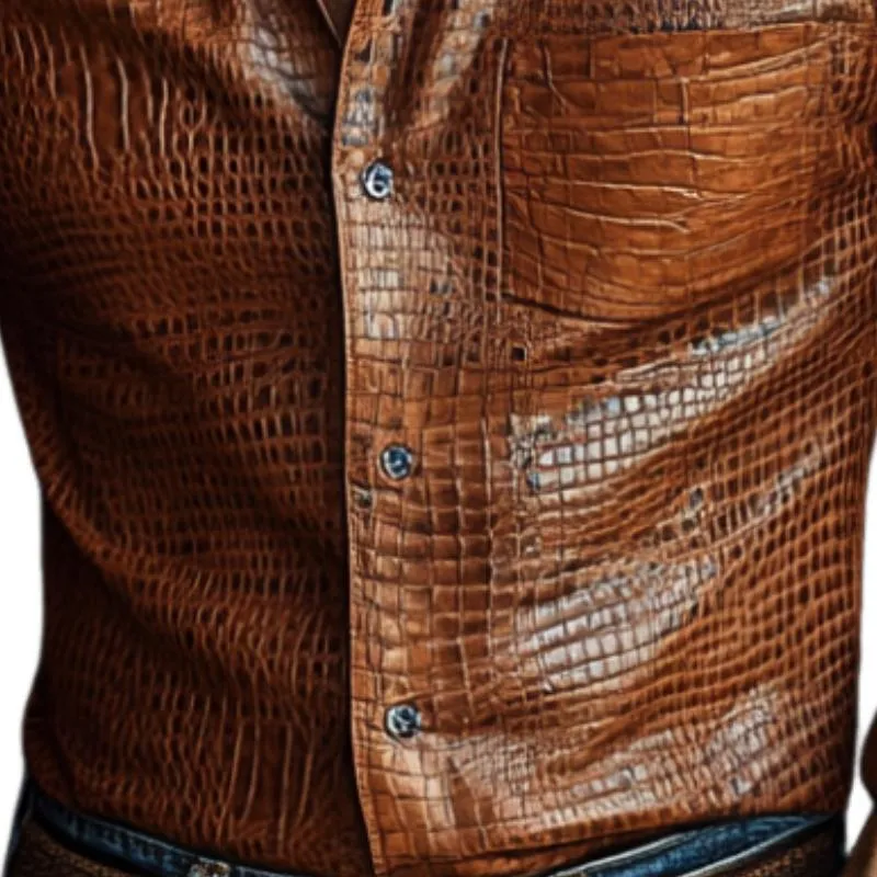 Men's Vintage Distressed Lapel Textured Leather Shirt 95619115F