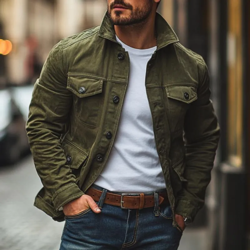 Men's Vintage Washed Denim Lapel Single Breasted Multi-Pocket Jacket 77669205M