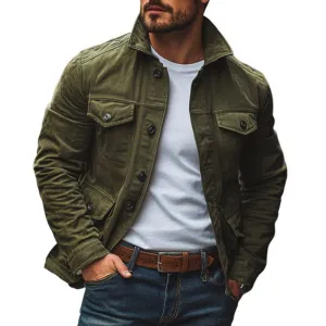 Men's Vintage Washed Denim Lapel Single Breasted Multi-Pocket Jacket 77669205M