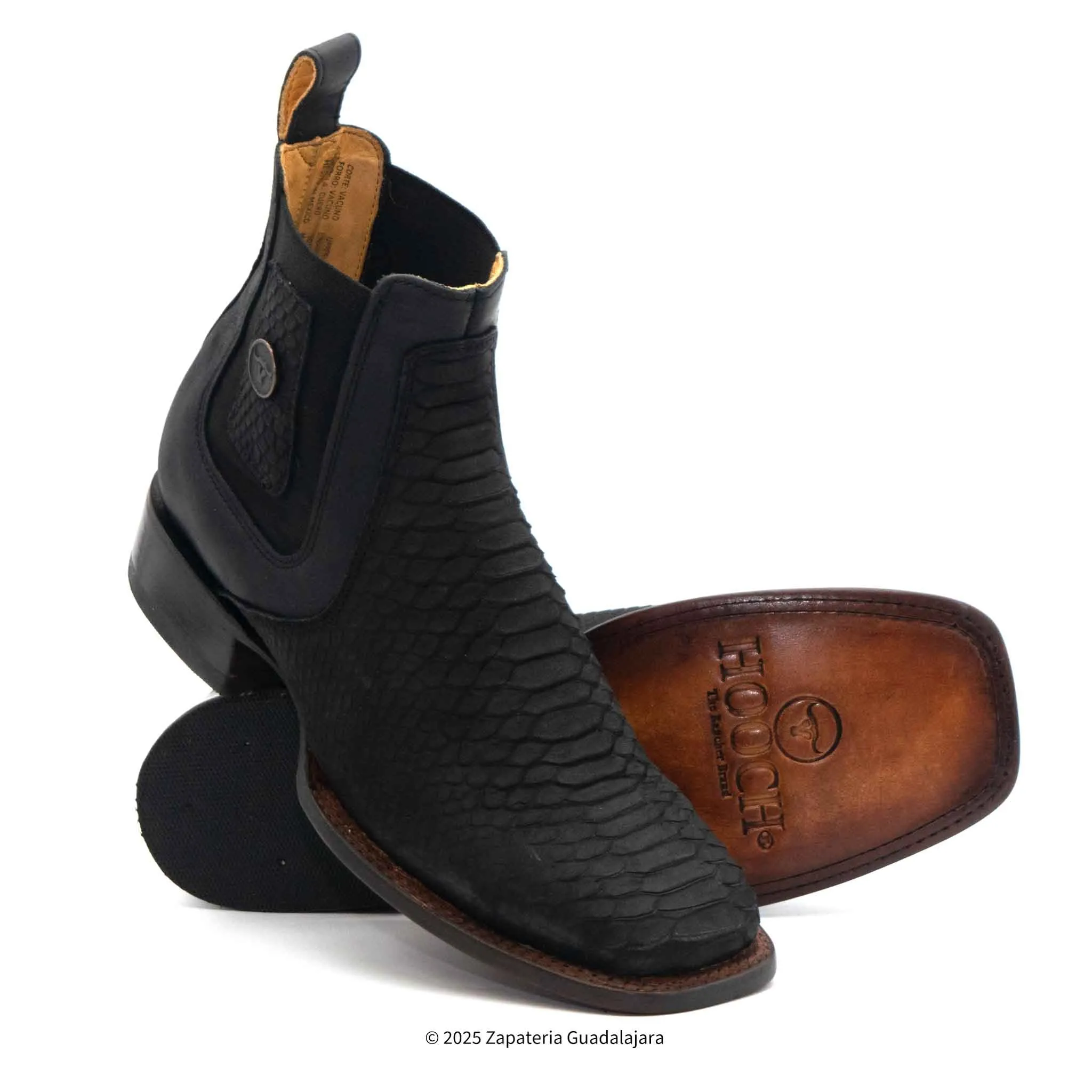 MEN'S WIDE SQUARE TOE FAUX PYTHON TRIBUTE BLACK LEATHER BOOT -H42R6305