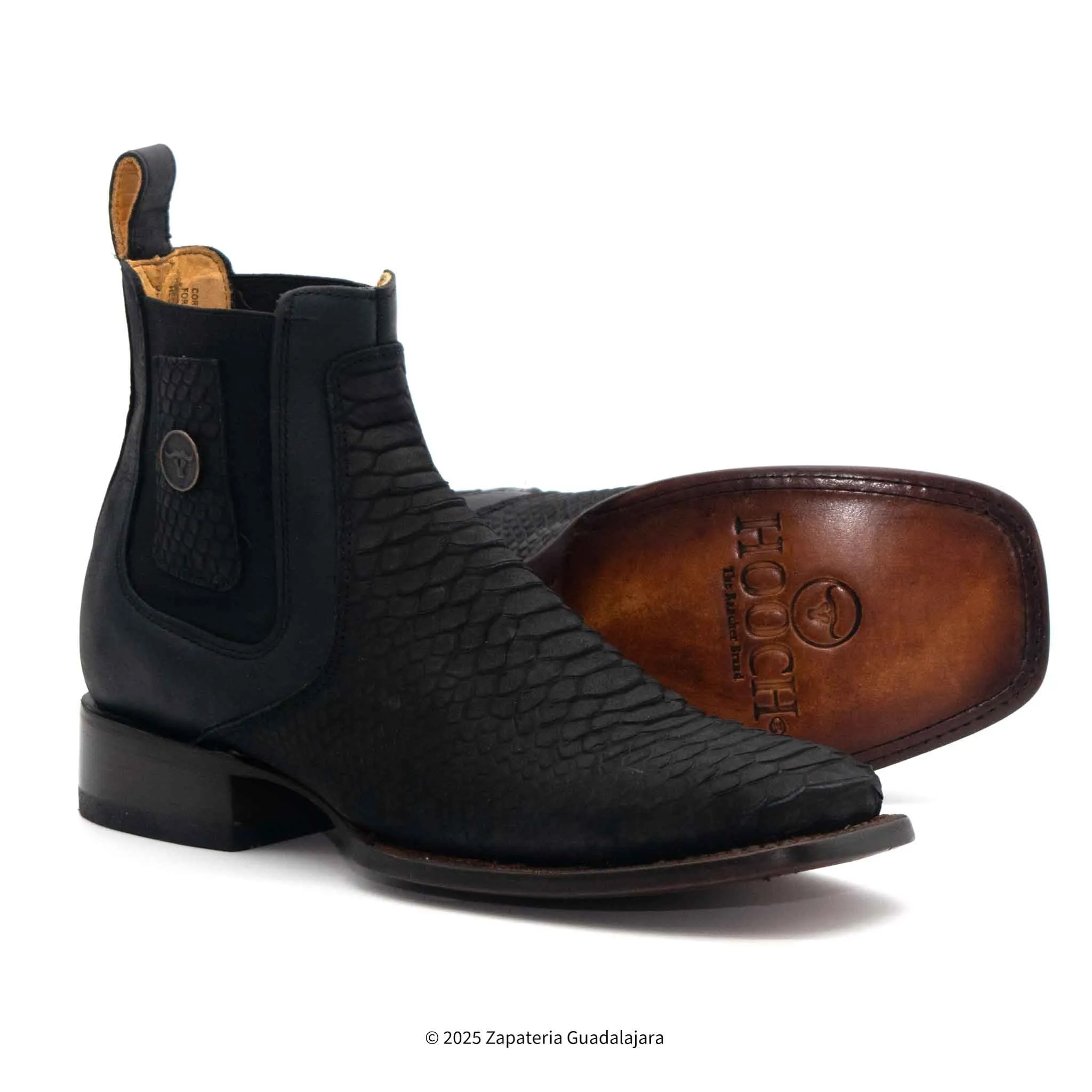 MEN'S WIDE SQUARE TOE FAUX PYTHON TRIBUTE BLACK LEATHER BOOT -H42R6305