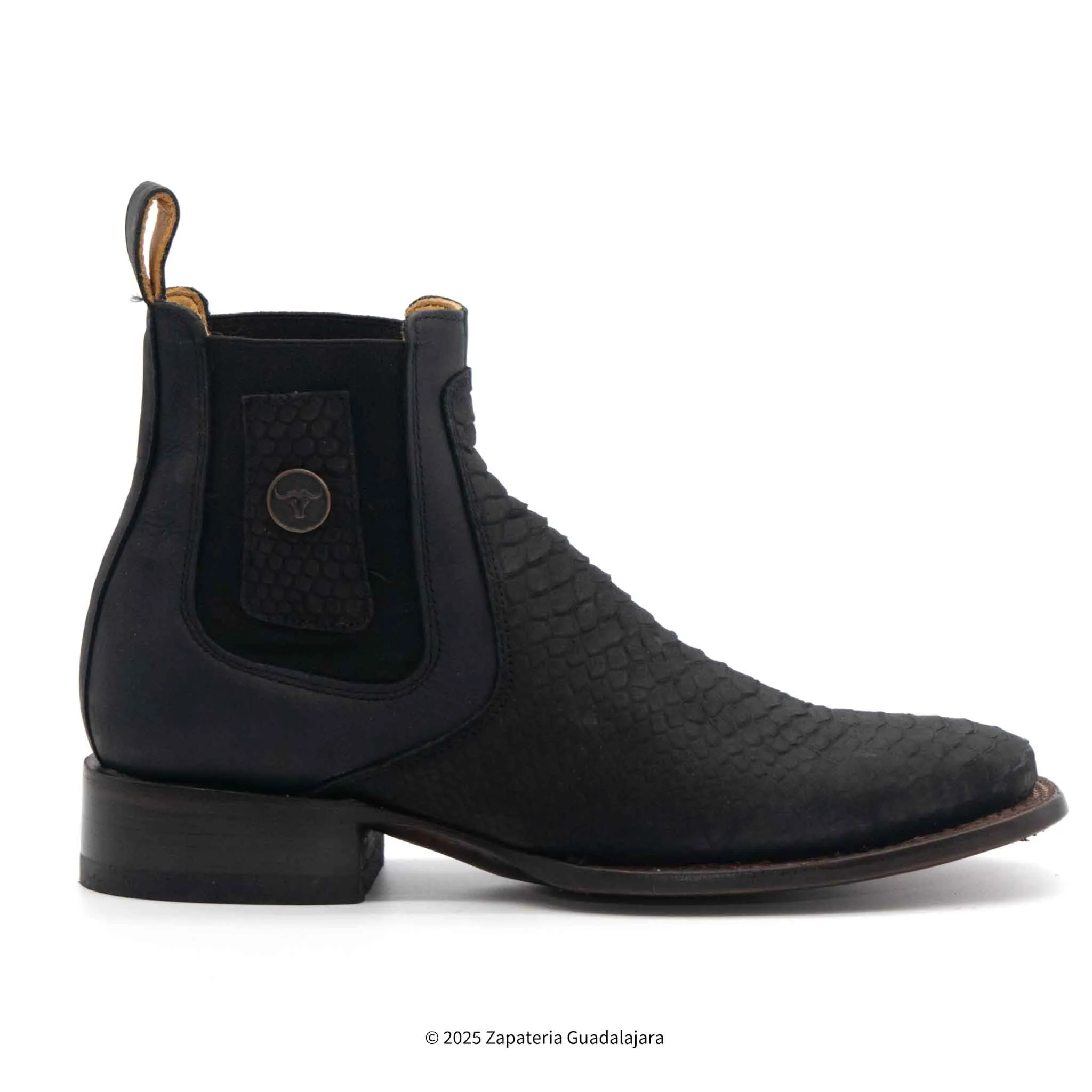 MEN'S WIDE SQUARE TOE FAUX PYTHON TRIBUTE BLACK LEATHER BOOT -H42R6305